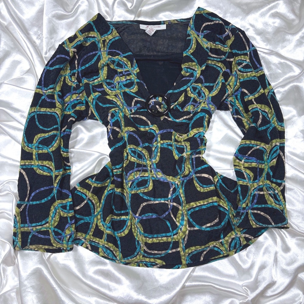 y2k Top Black Excellent JM Collection Abstract Geometric O-Ring V-Neck Blouse